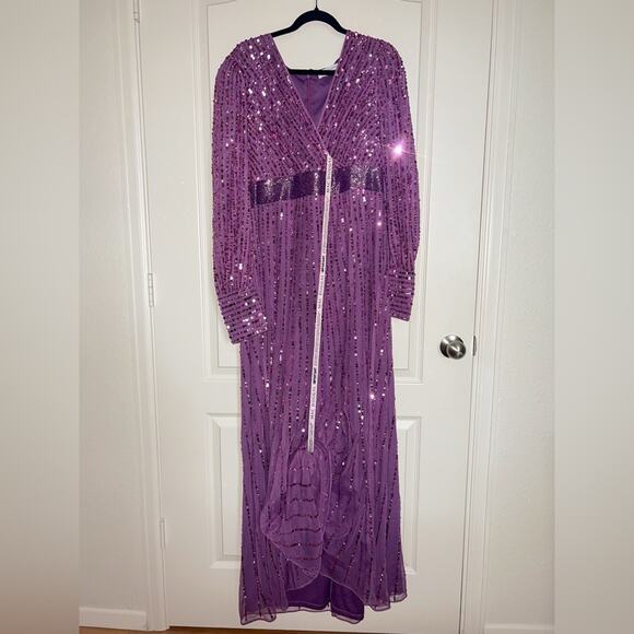MAC DUGGAL Purple Sequin Wrap Over Bishop Sleeve Gown size 18 NWT - Picture 2 of 7